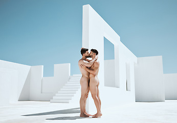 Image showing Art, creativity and kiss, naked men together in lgbt embrace with sun, Greek architecture and photography. Creative pride, artistic body hug and aesthetic love, nude gay couple kissing with blue sky.