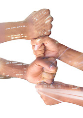 Image showing Overlay, hands and collaboration with a team isolated on a white background in studio for solidarity. Fist, city and teamwork with a group of people stacking their fists in partnership or unity