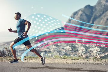 Image showing American flag, running and man with challenge for sports, cross country marathon and cardio workout. Fitness, performance and male athlete on road in USA with speed for exercise, training or wellness