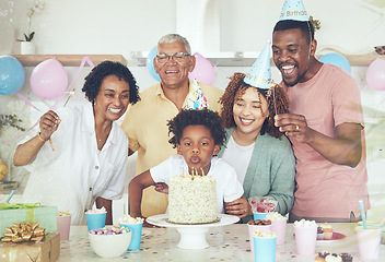 Image showing Birthday party, cake and blow with family in kitchen for celebration, bonding and affectionate. Happiness, excited and grandparents with parents and child at home for surprise, fun and event