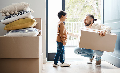 Image showing Family moving, new house and box with property, father and child with real estate and home owner. Parent with mortgage, man comfort boy and happy about move, love and kindness with relocation boxes