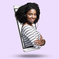 Image showing Call center, phone and portrait of a woman in studio with a digital 3d display and mockup. Happy, smile and face of female model with telemarketing headset standing in cellphone by purple background.