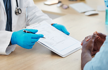 Image showing Insurance, forms and doctor with a man for healthcare, medical advice and results in an office. Help, talking and a gp giving instructions to a patient about a document, prescription or treatment