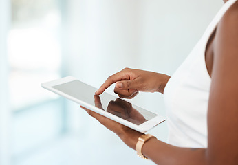 Image showing Business woman, tablet and hands for communication, internet and network connection. Black female entrepreneur hand on touch screen for social media, management report or online search on mobile app