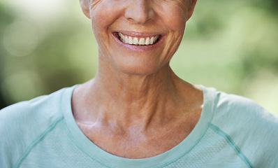 Image showing Smile, teeth and closeup with a senior woman outdoor in nature feeling happy, positive or carefree. Mouth, cheerful and dental with a mature female smiling happily outside in a garden during summer