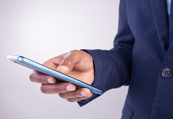 Image showing Hands, man and smartphone texting in white background for business app, planning and internet search. Closeup male, mobile typing and studio connection on technology, corporate networking and contact