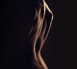 Image showing Nude, back and silhouette, sexy woman with body closeup, dark aesthetic and art, skin and sensual on black background. Desire, beauty and creative with seduction, cosmetics and naked female in studio