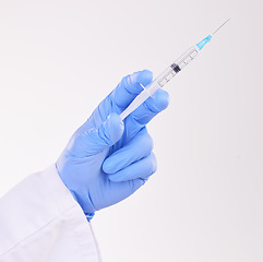 Image showing Healthcare, hand and doctor with vaccine, injection or shot in studio against a white background. Medicine, vaccination and man health expert with needle for medical, innovation or disease treatment