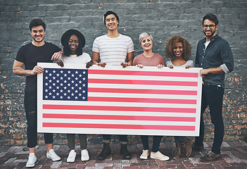 Image showing Happy, diversity and people with a USA flag for representation, support and branding. Smile, together and group of people with a poster to represent a country, show patriarchy and diverse environment