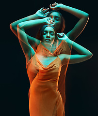 Image showing Green light, double exposure and dancing of woman with beauty and art aesthetic. Creative neon lighting, female and model with dark background in a studio with modern style and designer dress