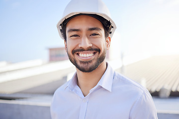 Image showing Asian man, architect and portrait smile for construction, building or roof top project in city. Happy face of male contractor, engineer or builder smiling for architecture with safety helmet in town