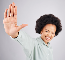 Image showing High five, happy and portrait of hand of a black woman isolated on a white background in a studio. Motivation, smile and an African girl with a gesture for greeting, hello and support on a backdrop