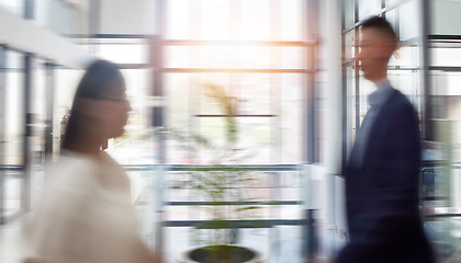 Image showing Motion blur, business and people in office, moving and fast speed with deadline, schedule and consultants. Employees, coworkers and agents in workplace, busy and walking for new project and agency