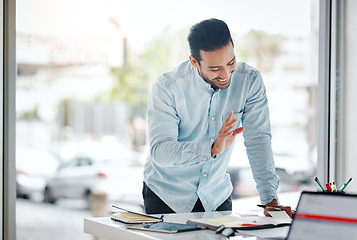 Image showing Business, success and Asian man with smile, entrepreneur or profit growth in workplace, new project or deadline. Japanese male employee, consultant or agent with happiness, idea or planning in office