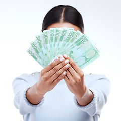 Image showing Euro money, hands and studio woman with lottery award win, competition giveaway or bonus cash payment. Finance trading bills, financial freedom or prize winner with person hidden on white background