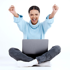 Image showing Winner portrait, laptop and happy woman celebrate victory news, winning achievement or finished project. Celebration cheers, student success or excited studio person isolated on white background