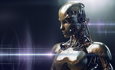 Image showing Cyborg, ai and alien robot on mockup in futuristic technology, cyberspace or android machine against a dark studio background. Cyber woman robotic intelligence, data innovation or mechanical future