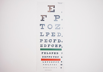 Image showing Eye care, chart and background of letters of optometry test, medical consulting or vision exam to see. Poster, character and check eyesight in ophthalmology, healthcare or visual wellness of glaucoma