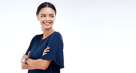 Image showing Business, thinking and woman with arms crossed, smile and ideas against a studio background. Mockup, female employee and entrepreneur with confidence, happiness and opportunity for growth and startup