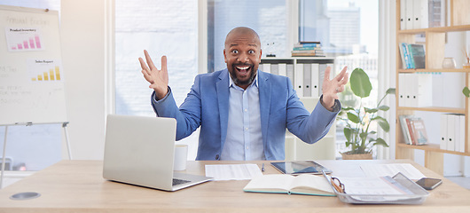 Image showing Black man, portrait and wow success in finance office for investment growth, savings budget or financial profit. Smile, happy and winner corporate worker with laptop, paper or insurance achievement