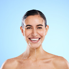 Image showing Happy woman, teeth and portrait smile for dental care, skincare or hygiene against a blue studio background. Female face smiling for tooth whitening, oral or mouth surgery and clean beauty on mockup