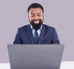 Image showing Black man, happy corporate and laptop in studio for planning, business research and internet. Male employee, computer technology and background for website connection, online stocks or digital trader