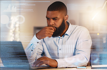 Image showing Thinking, finance hologram and black man on laptop working on stock trading, data analytics and research. Digital overlay, business and male worker with ideas, brainstorming and strategy on computer