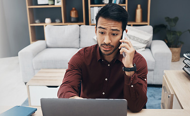 Image showing Phone call communication, laptop problem and man talking to tech contact for computer system, 404 error or database crash. Reading, remote work from home and networking person consulting on crisis