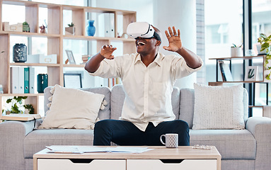 Image showing Happy, man and virtual reality headset in home lounge of cyber experience, metaverse system or gaming connection. Excited black male, VR and games in living room of future innovation of ui technology