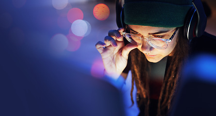 Image showing Cyber security, woman or hacker working on computer in the basement at night for phishing on database. Bokeh mockup, focus or girl coder hacking ai digital network password on internet or website