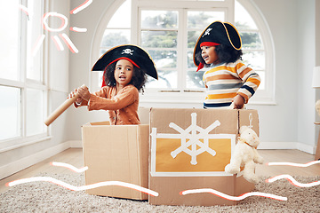 Image showing Pirate, box and children playing fantasy game in home living room with costume, telescope or ship. Black boy and girl or kids together for creative play illustration and boat to sail for development