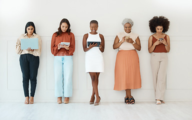 Image showing Business women, networking and communication in waiting room for social media, career opportunity or job search. Group of woman employees on multimedia devices for mobile app or network in a row