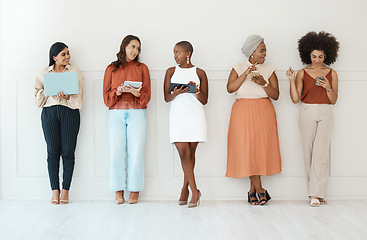 Image showing Businesswomen, networking and communication in waiting room for social media, career opportunity or job search. Group of woman employees in multimedia collaboration, mobile app or network in a row