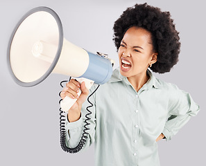 Image showing Megaphone, protest and black woman shouting in studio isolated on white background. Screaming, angry and person with loudspeaker protesting for human rights, change or justice, announcement or speech