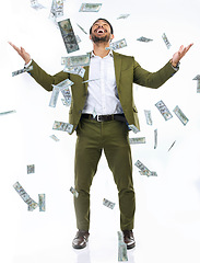 Image showing Money confetti, cash and business man on studio background for investment, bonus and stock market. Finance success, winner mockup and excited male with bills for winning, profit and wealth savings