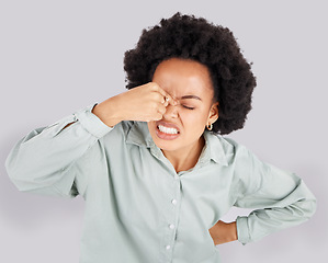 Image showing Headache, stress and face of frustrated black woman in studio with upset, angry and pain facial expression. Burnout, mockup and girl on white background with confused gesture, migraine and thinking