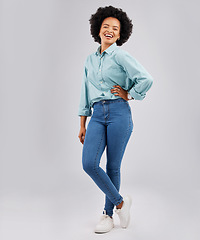 Image showing Fashion, happy and portrait of black woman in studio with smile, confidence and happiness on white background. Business, success mockup and isolated girl with positive mindset, empowerment and pride