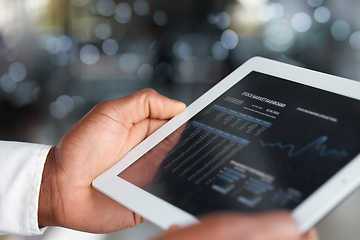 Image showing Hands, tablet screen and stock market app for investment on bokeh background. Dashboard, technology and business person with touchscreen for finance ui, analytics or graphs for trading or fintech.