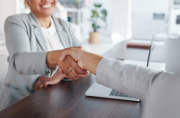 Image showing Business people, handshake and partnership, success in interview, hiring or onboarding with team and thank you. Collaboration, shaking hands and meeting with human resources, promotion and commitment