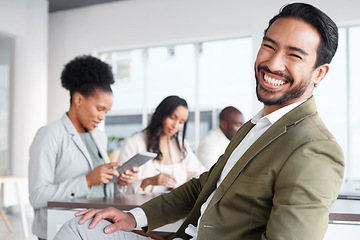 Image showing Portrait, meeting and a business man in the office with a positive mindset for planning or strategy. Corporate, professional and vision with a young male employee sitting in his work boardroom