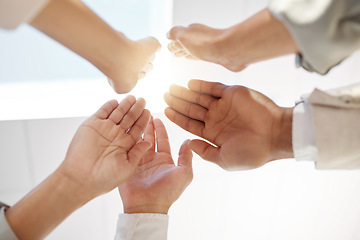 Image showing Business people, hands and high five for collaboration, meeting or teamwork together at the office. Hand of employee group touching for team agreement, coordination or solidarity at the workplace