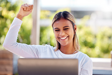 Image showing Winner, laptop and celebration with a freelance work remote working from home on her small business startup. Wow, motivation and cheering with an attractive young female entrepreneur working online