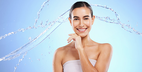 Image showing Water splash, skincare portrait or happy girl with beauty or smiling female model face on studio background. Dermatology cosmetics or beautiful woman with facial treatment, smile or glowing results
