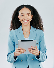 Image showing Business woman, portrait smile and tablet for design, advertising or marketing against a white studio background. Face of happy isolated female model smiling with touchscreen for schedule planning