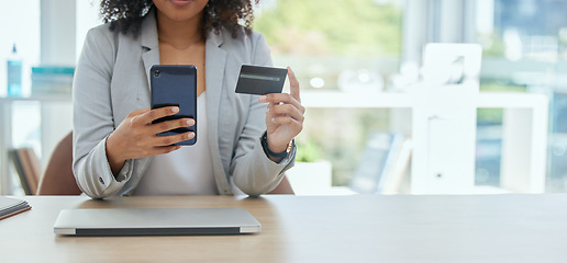 Image showing Worker hands, smartphone or credit card in payment, financial growth management or online shopping on office mockup. Mobile banking, investment or finance app for corporate woman on budget technology