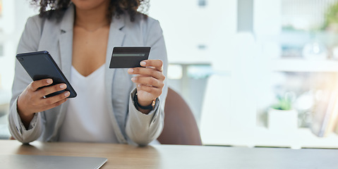 Image showing Hands, woman or office smartphone in credit card investment, financial growth management or online shopping on mockup. Mobile banking, payment or debit app for corporate worker on finance technology