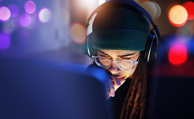 Image showing Night, programmer thinking or woman hacker coding, phishing or cybersecurity technology online. Research ideas, serious or girl hacking for digital transformation on software, internet or website