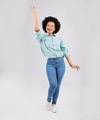 Image showing Happy, dance and portrait of a black woman with style isolated on a white background in a studio. Smile, beautiful and an African girl with fashion sense, dancing and showing a pose on a backdrop