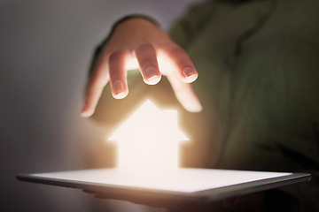 Image showing Closeup, house and hand with hologram, tablet and insurance with technology, future and security. Zoom, hands or home with device, safety or holographic with solutions, protection or cover innovation