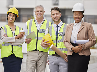 Image showing Construction site, portrait and team at a building for planning, creative and collaboration. Architecture, business people and designer group with blueprint, documents or engineering development plan